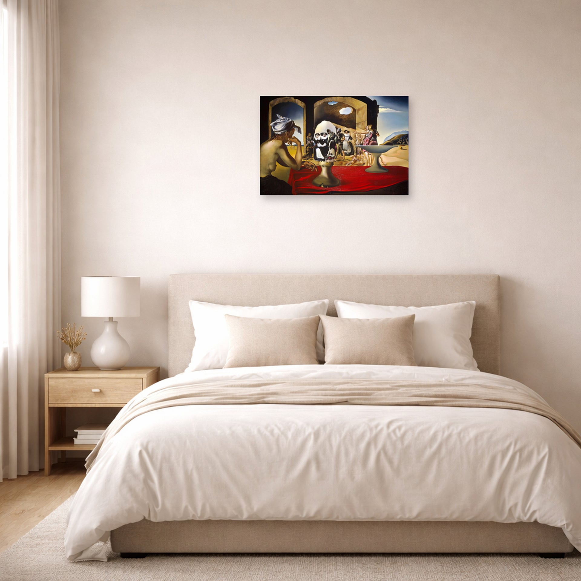 Unframed poster print of Salvador Dali's Slave Market with the Disappearing Bust of Voltaire displayed on a wall in a bedroom
