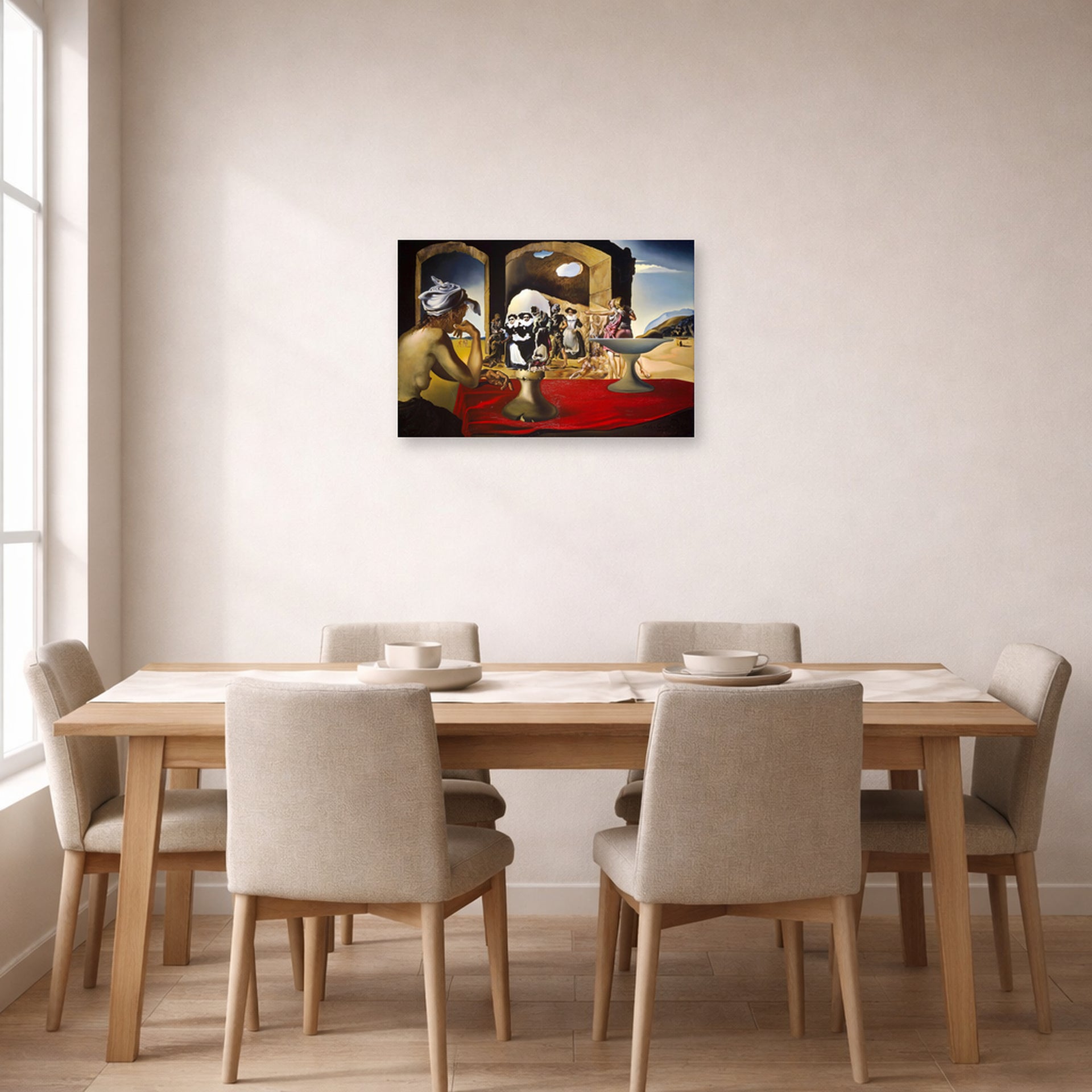 Unframed poster print of Salvador Dali's Slave Market with the Disappearing Bust of Voltaire displayed on a wall in a dining room