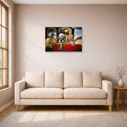 Unframed poster print of Salvador Dali's Slave Market with the Disappearing Bust of Voltaire displayed on a wall in a living room