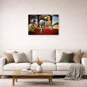 Unframed poster print of Salvador Dali's Slave Market with the Disappearing Bust of Voltaire displayed on a wall in a living room