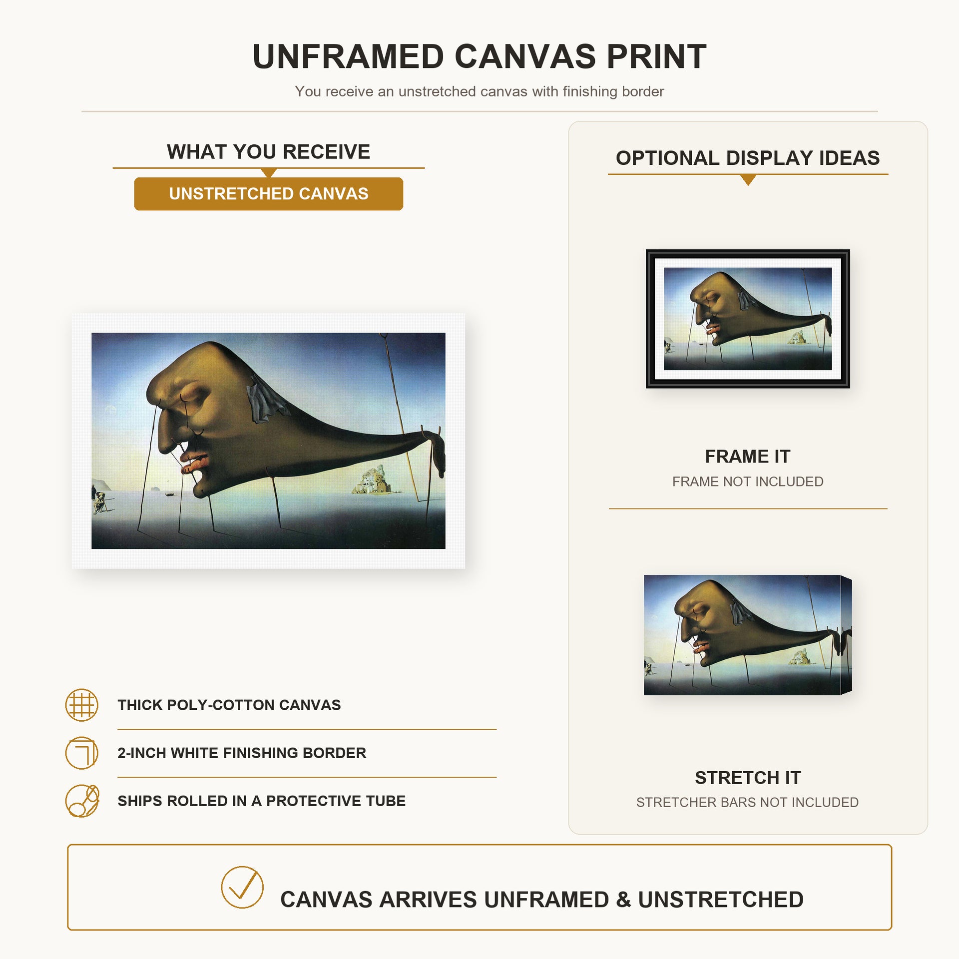Salvador Dali - Sleep canvas print size comparison and framing display infographic
