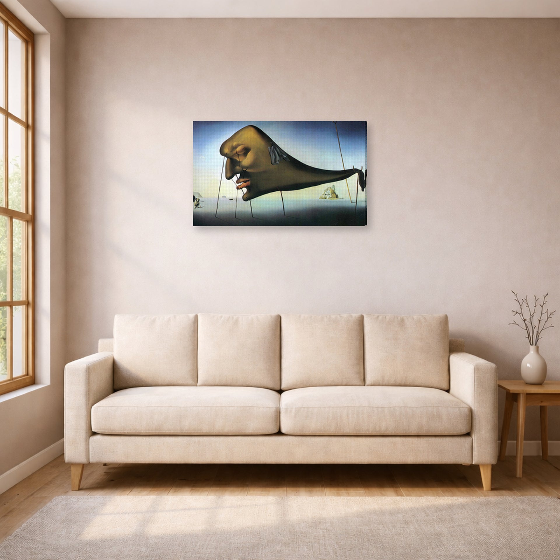 Gallery-wrapped canvas print of Salvador Dali's Sleep displayed on a wall in a living room