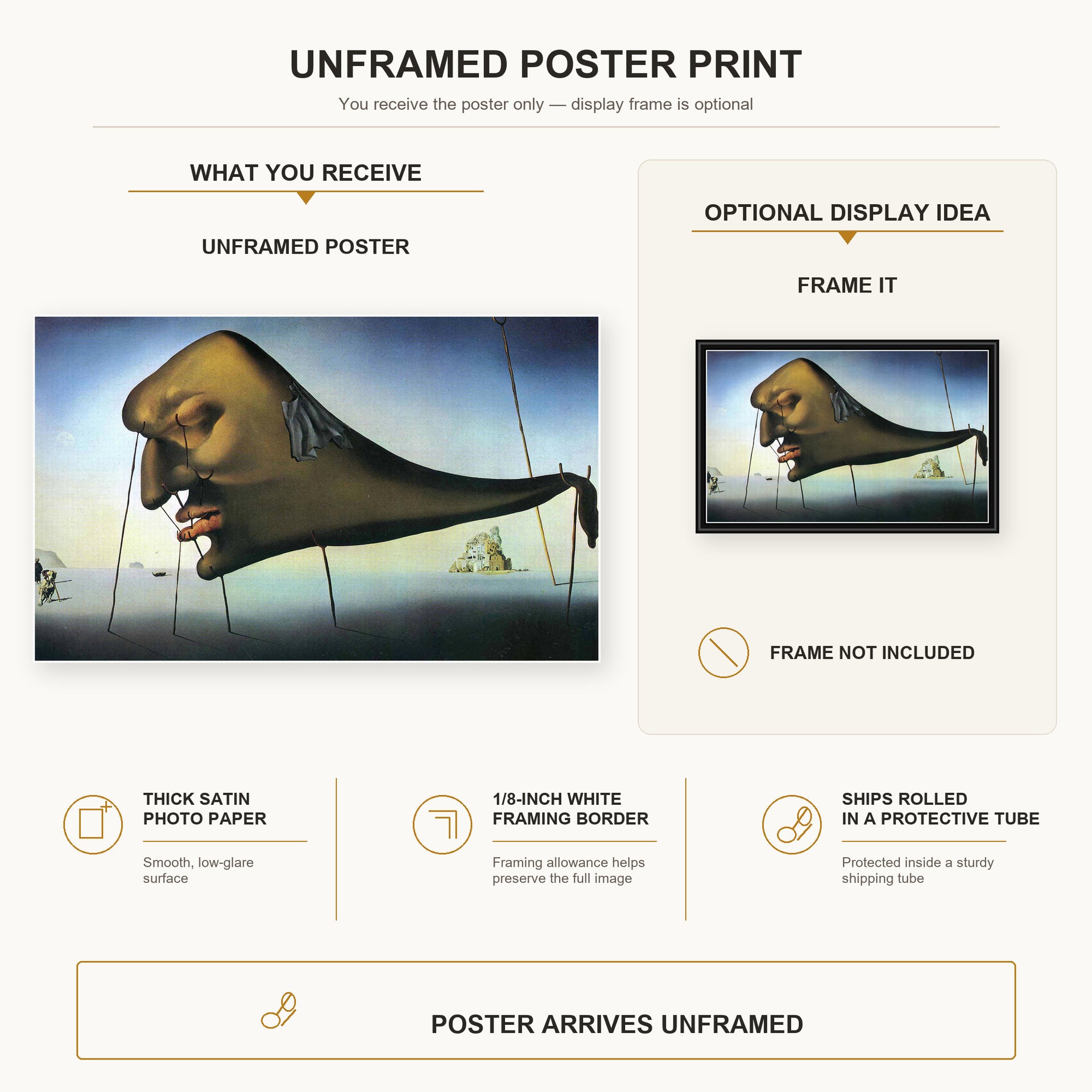 Salvador Dali - Sleep poster print size comparison and framing display infographic