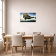 Unframed poster print of Salvador Dali's Sleep displayed on a wall in a dining room