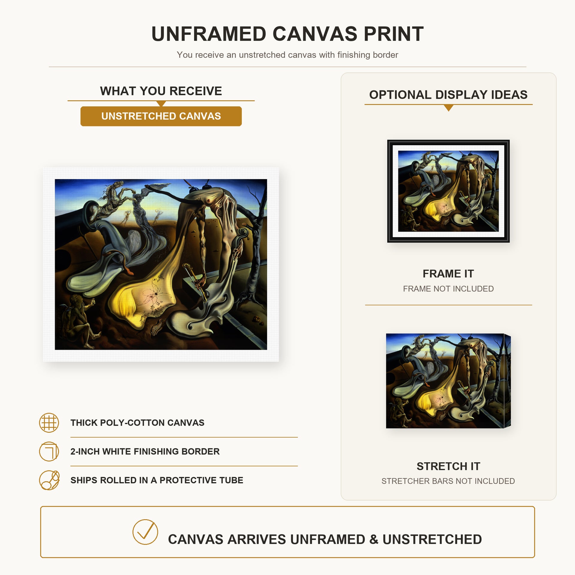 Salvador Dali - Spider of the Evening canvas print size comparison and framing display infographic