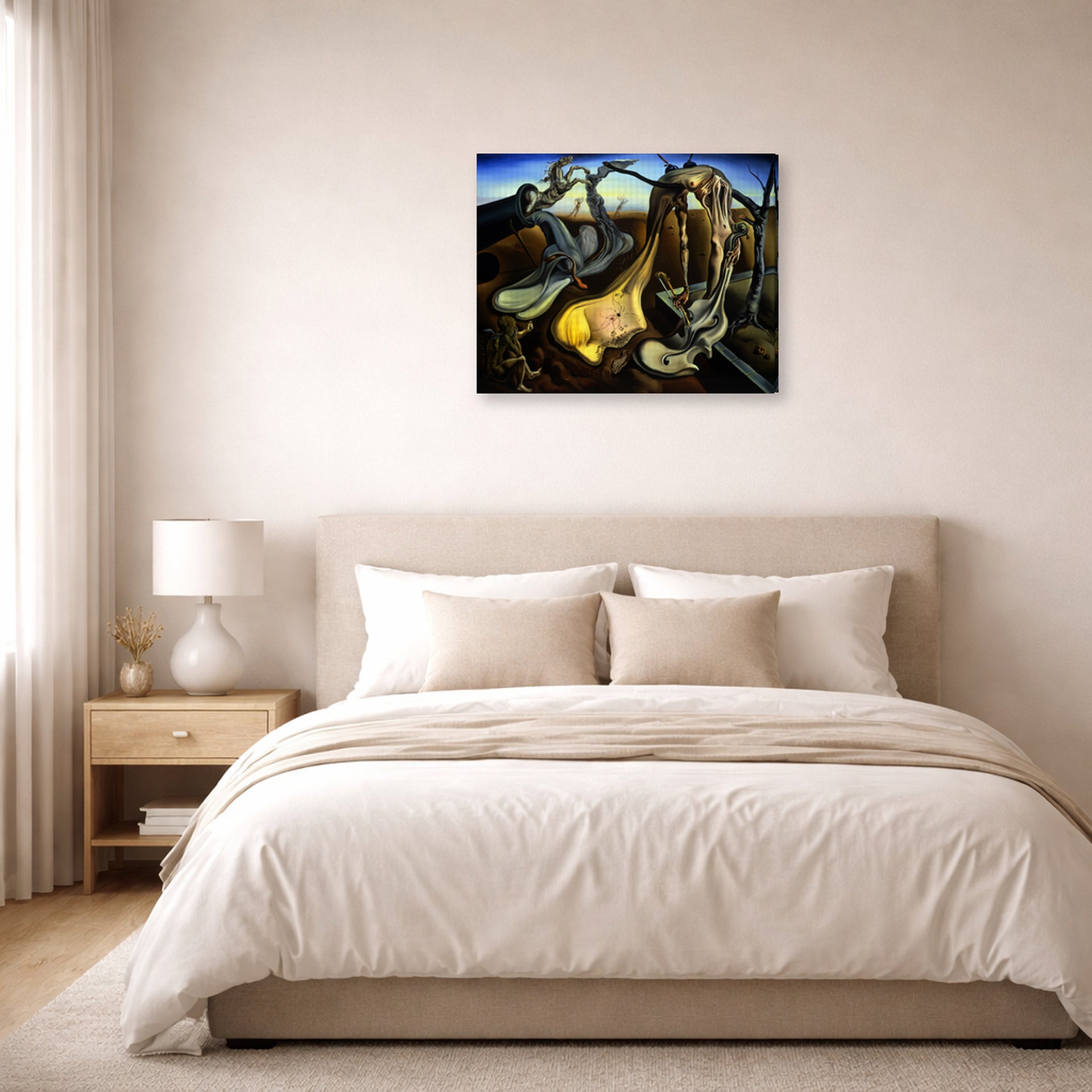 Gallery-wrapped canvas print of Salvador Dali's Spider of the Evening displayed on a wall in a bedroom