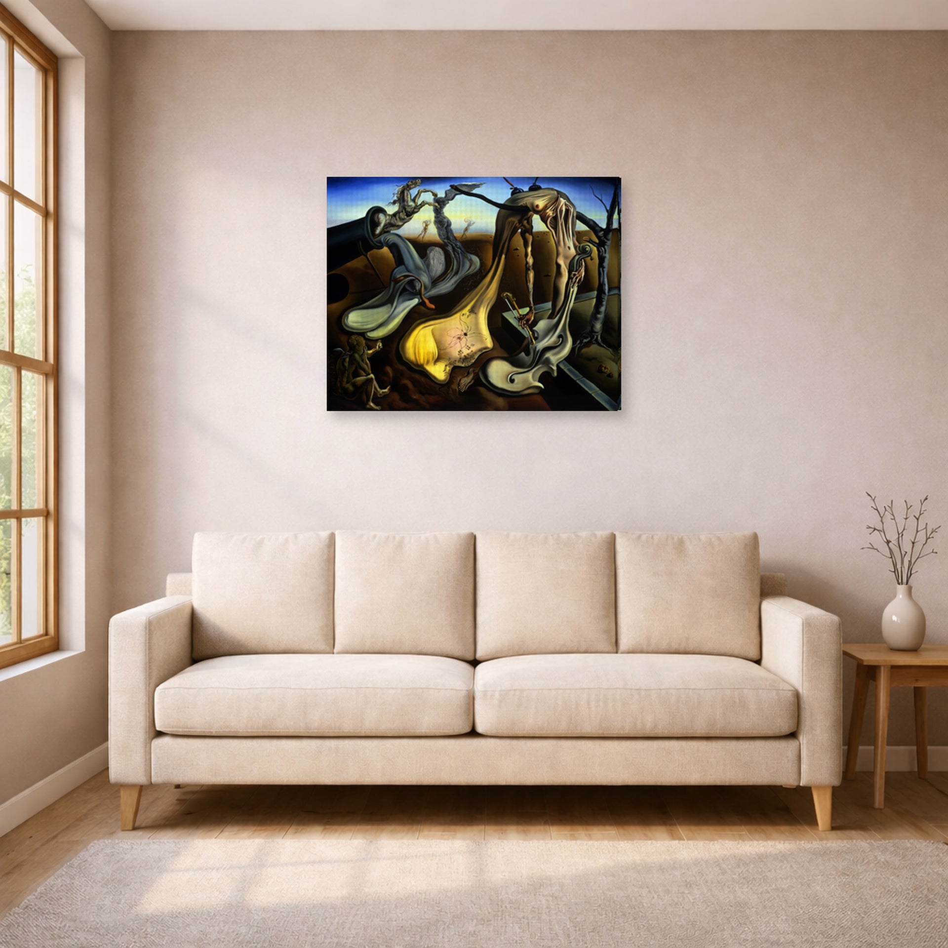 Gallery-wrapped canvas print of Salvador Dali's Spider of the Evening displayed on a wall in a living room