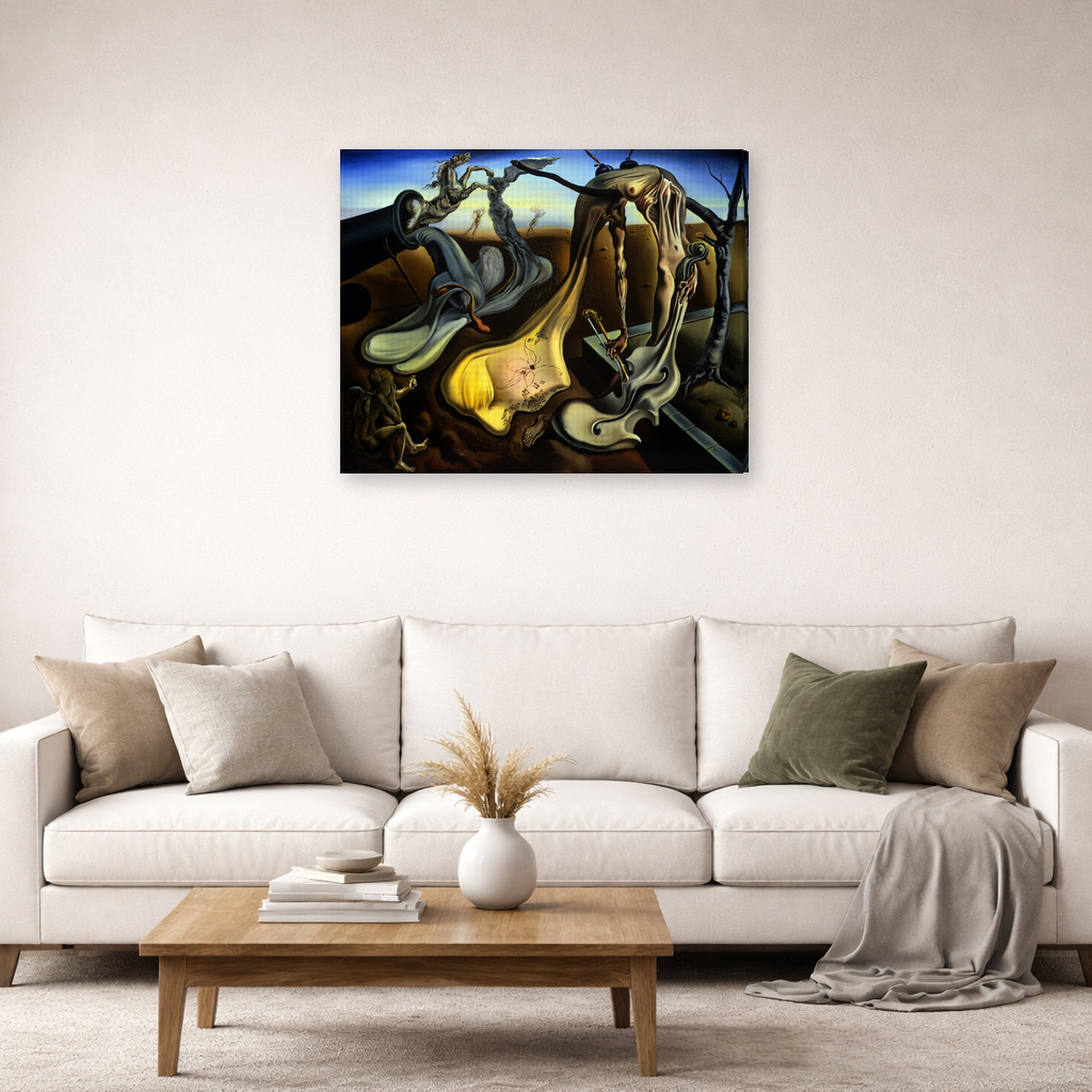 Gallery-wrapped canvas print of Salvador Dali's Spider of the Evening displayed on a wall in a living room