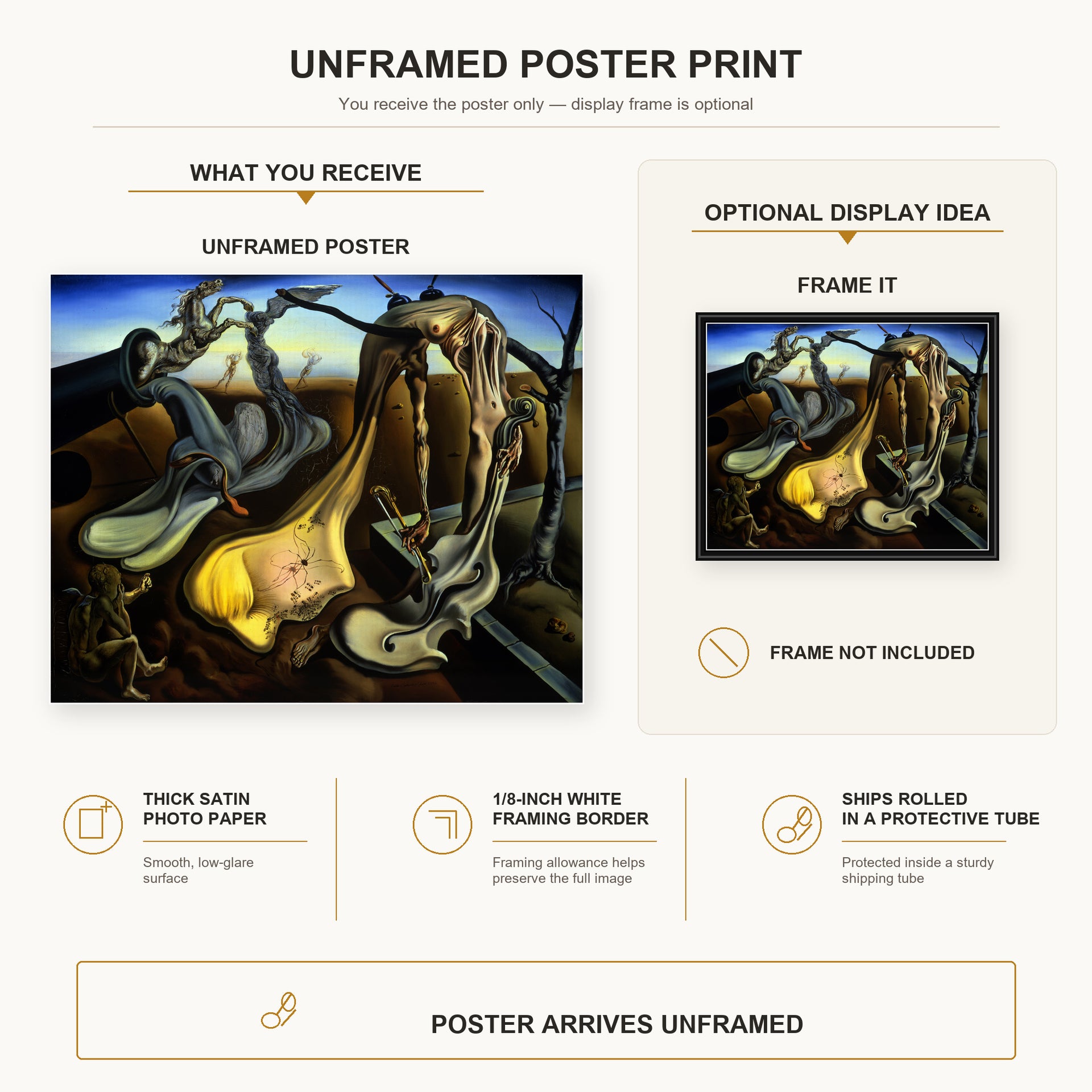 Salvador Dali - Spider of the Evening poster print size comparison and framing display infographic
