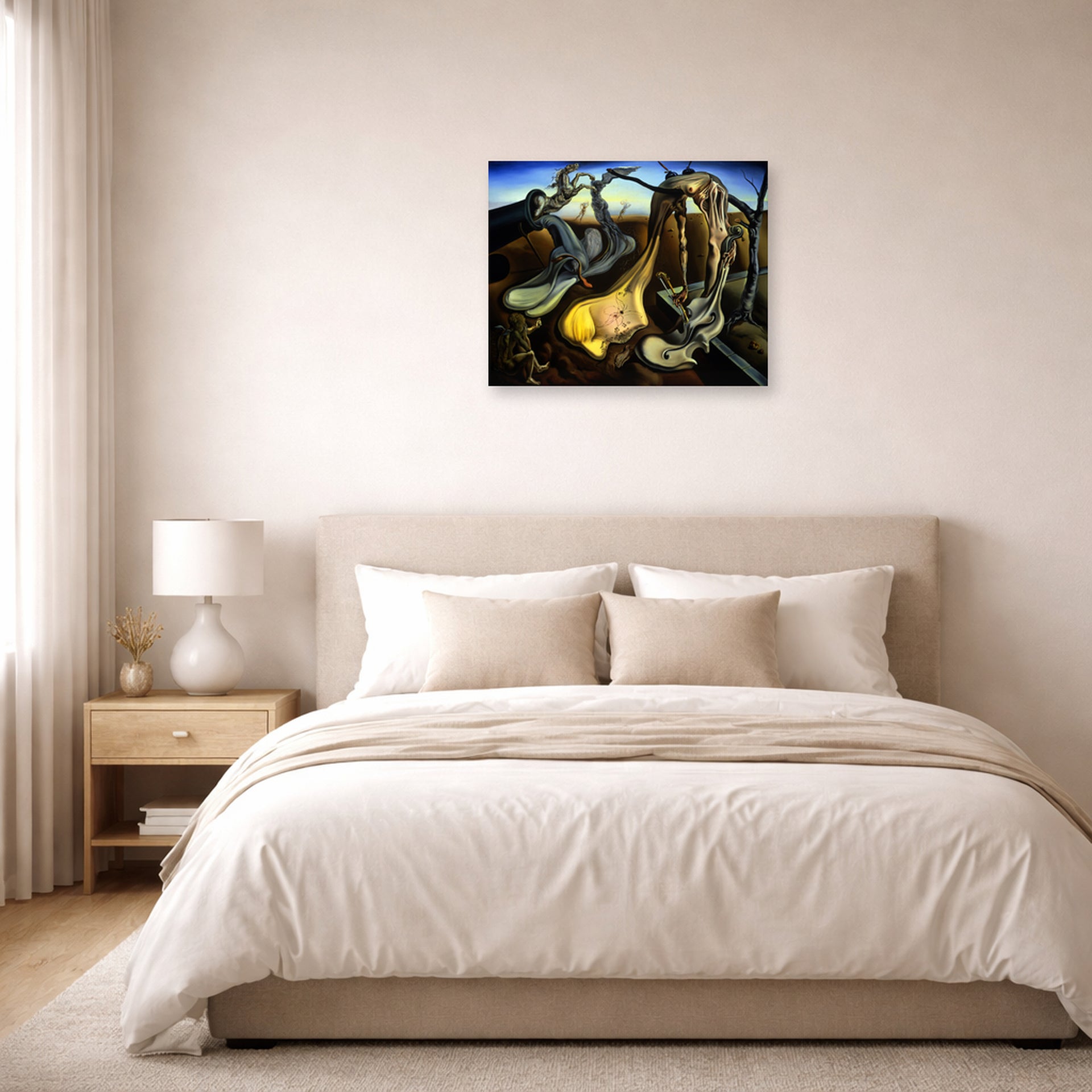 Unframed poster print of Salvador Dali's Spider of the Evening displayed on a wall in a bedroom