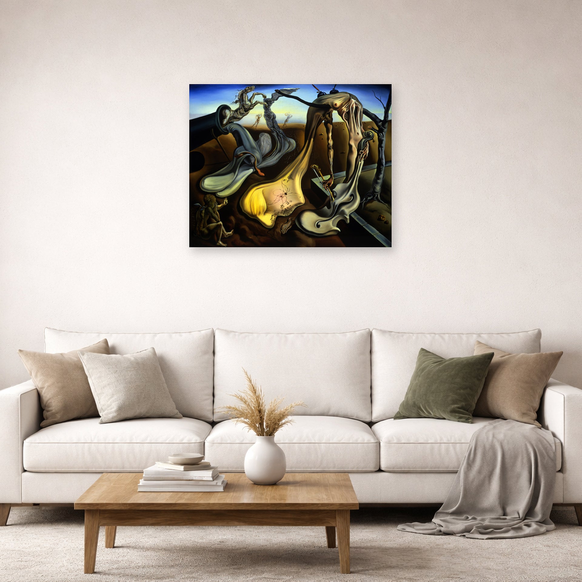 Unframed poster print of Salvador Dali's Spider of the Evening displayed on a wall in a living room
