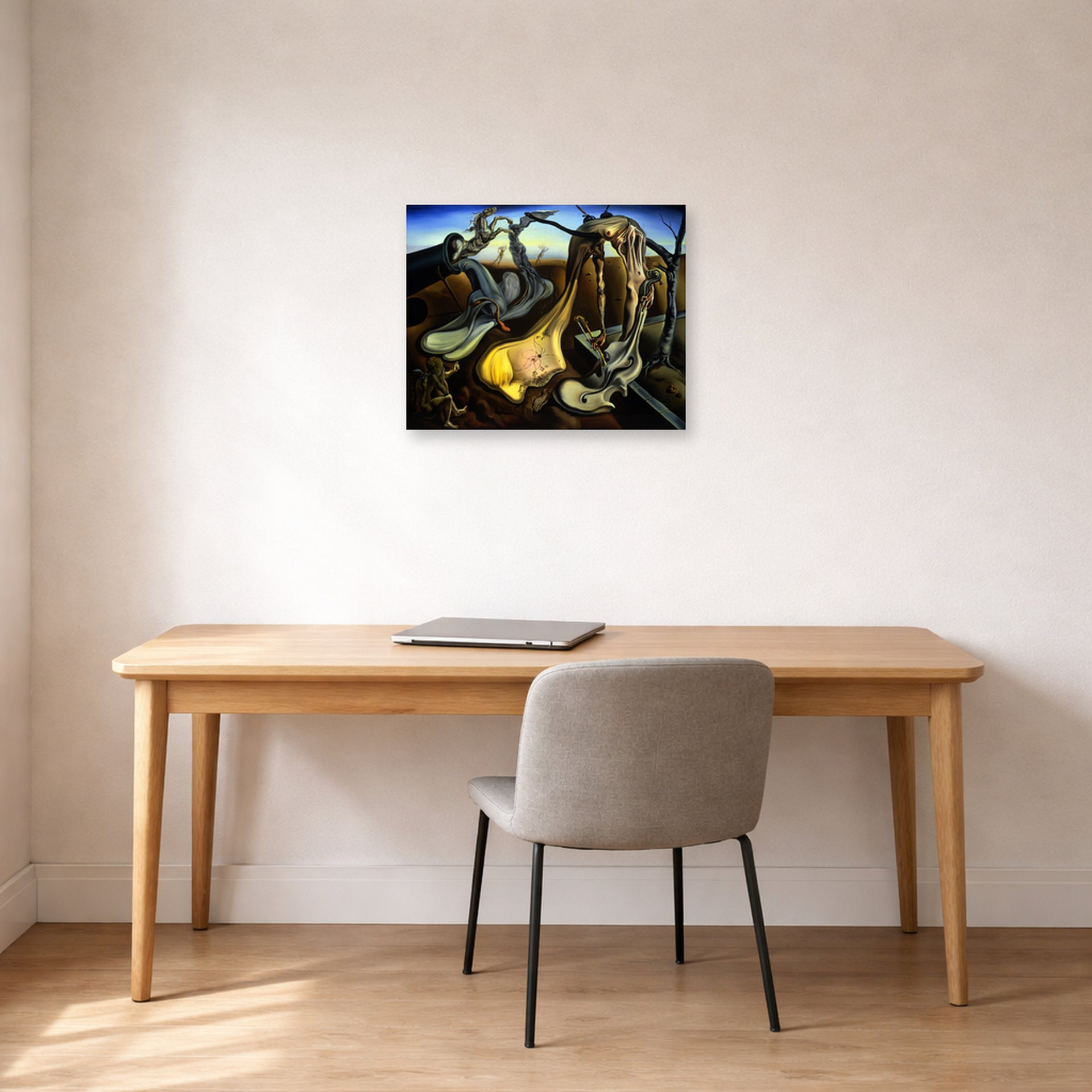 Unframed poster print of Salvador Dali's Spider of the Evening displayed on a wall in a office