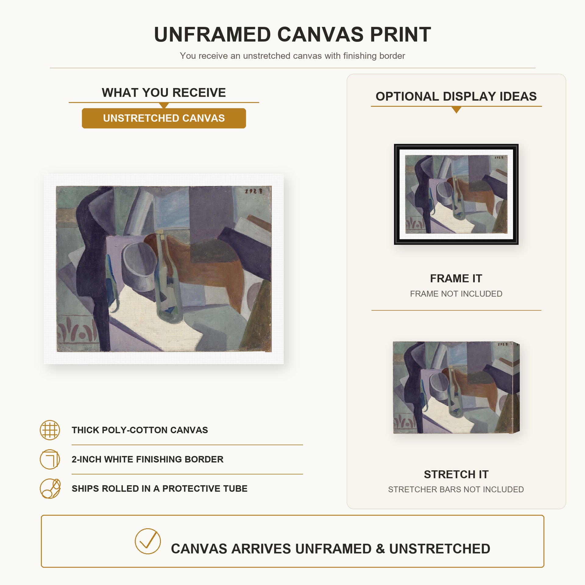Salvador Dali - Still Life 1923 canvas print size comparison and framing display infographic