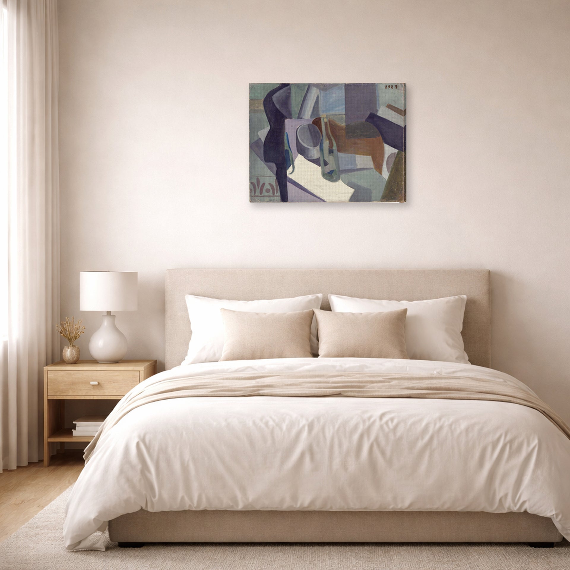 Gallery-wrapped canvas print of Salvador Dali's Still Life 1923 displayed on a wall in a bedroom