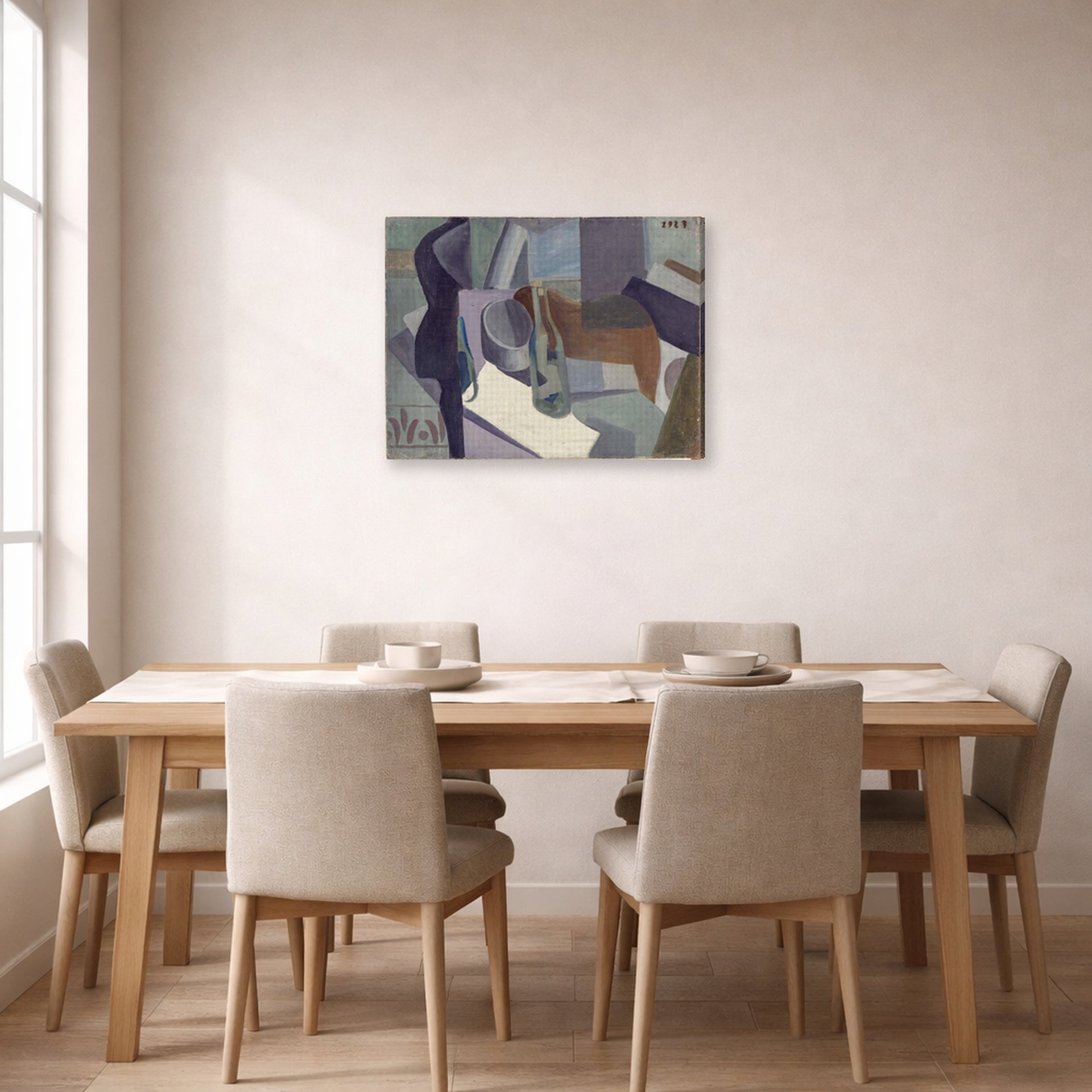 Gallery-wrapped canvas print of Salvador Dali's Still Life 1923 displayed on a wall in a dining room