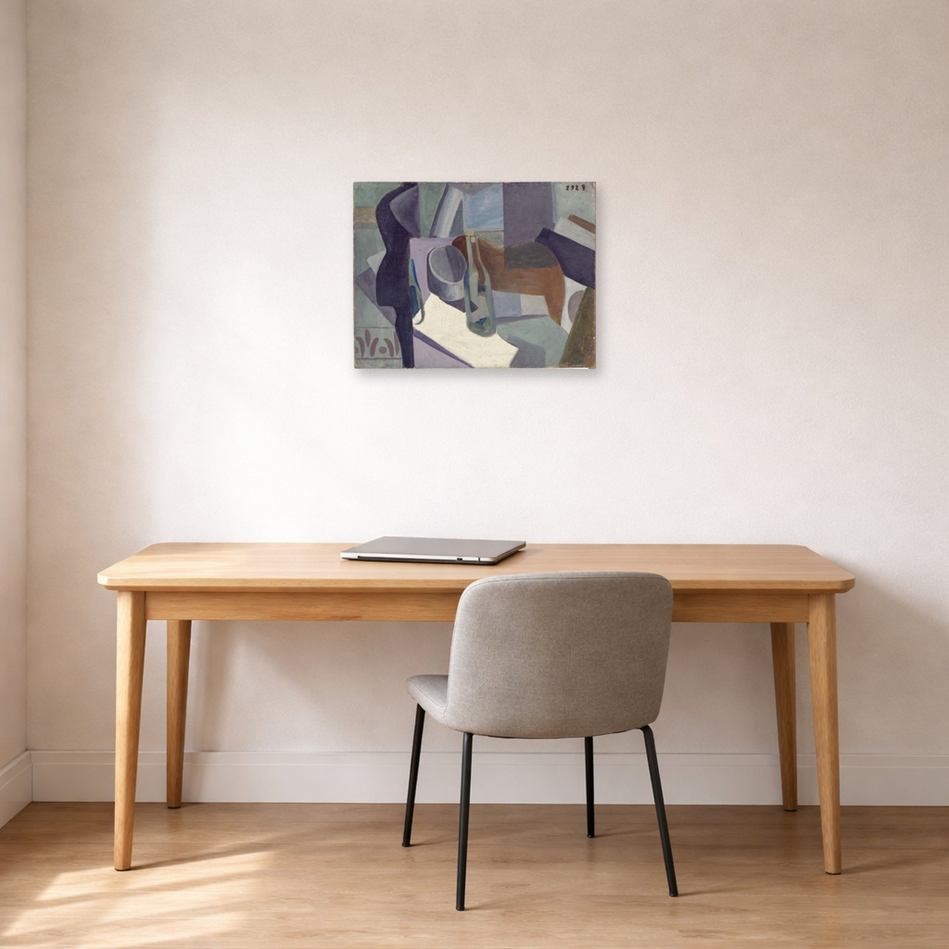Unframed poster print of Salvador Dali's Still Life 1923 displayed on a wall in a office