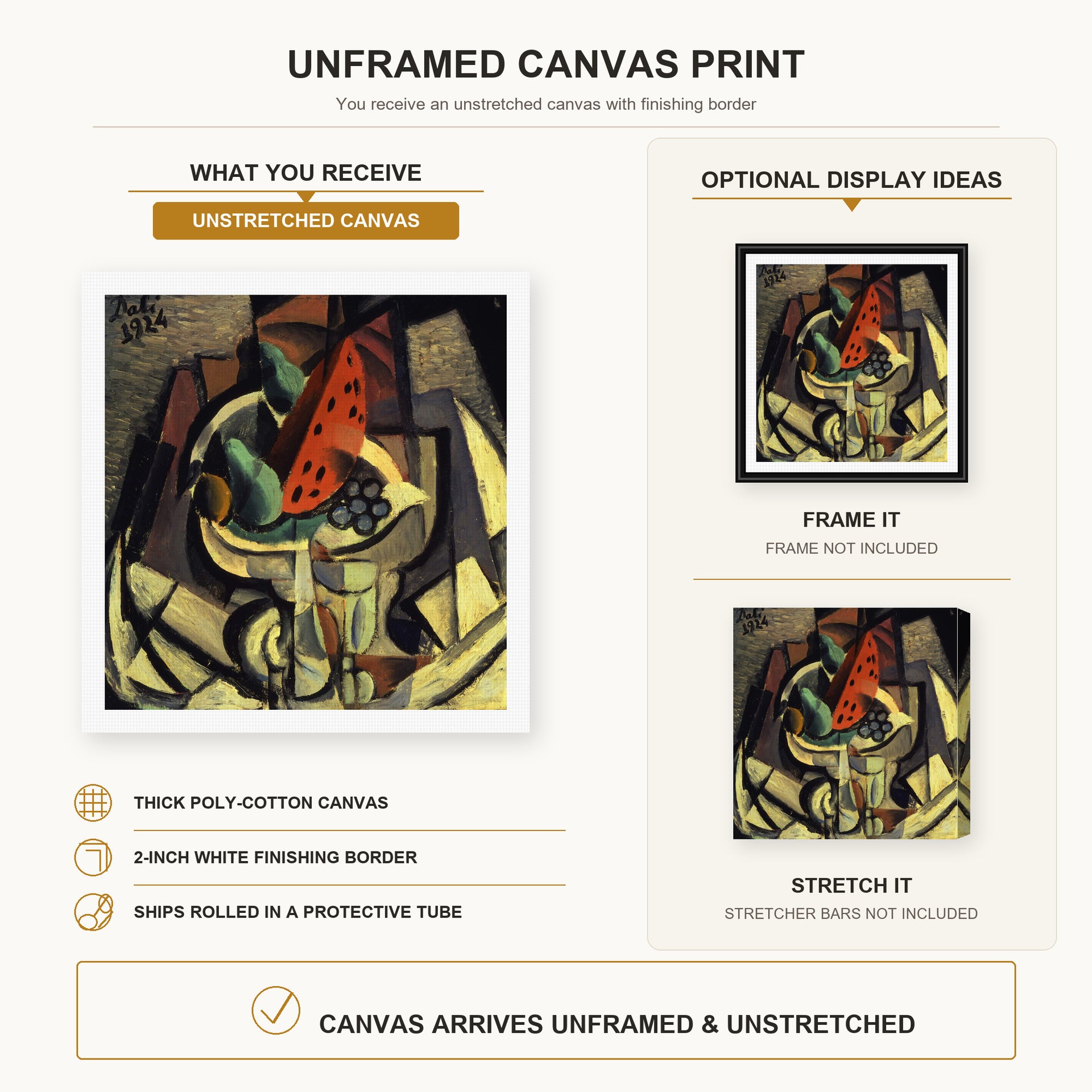Salvador Dali - Still Life canvas print size comparison and framing display infographic