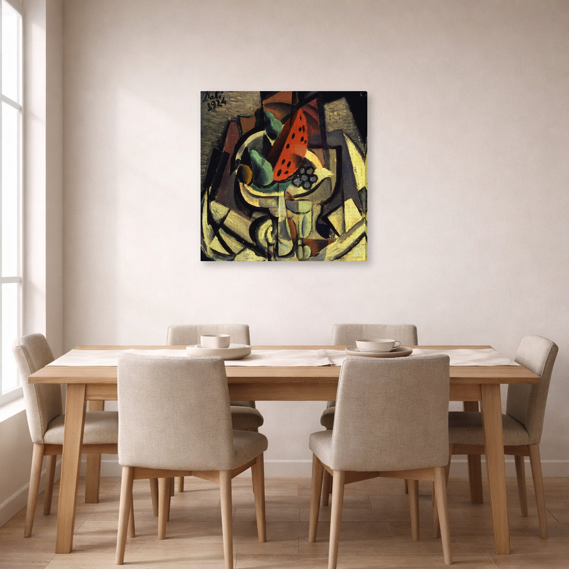 Gallery-wrapped canvas print of Salvador Dali's Still Life displayed on a wall in a dining room