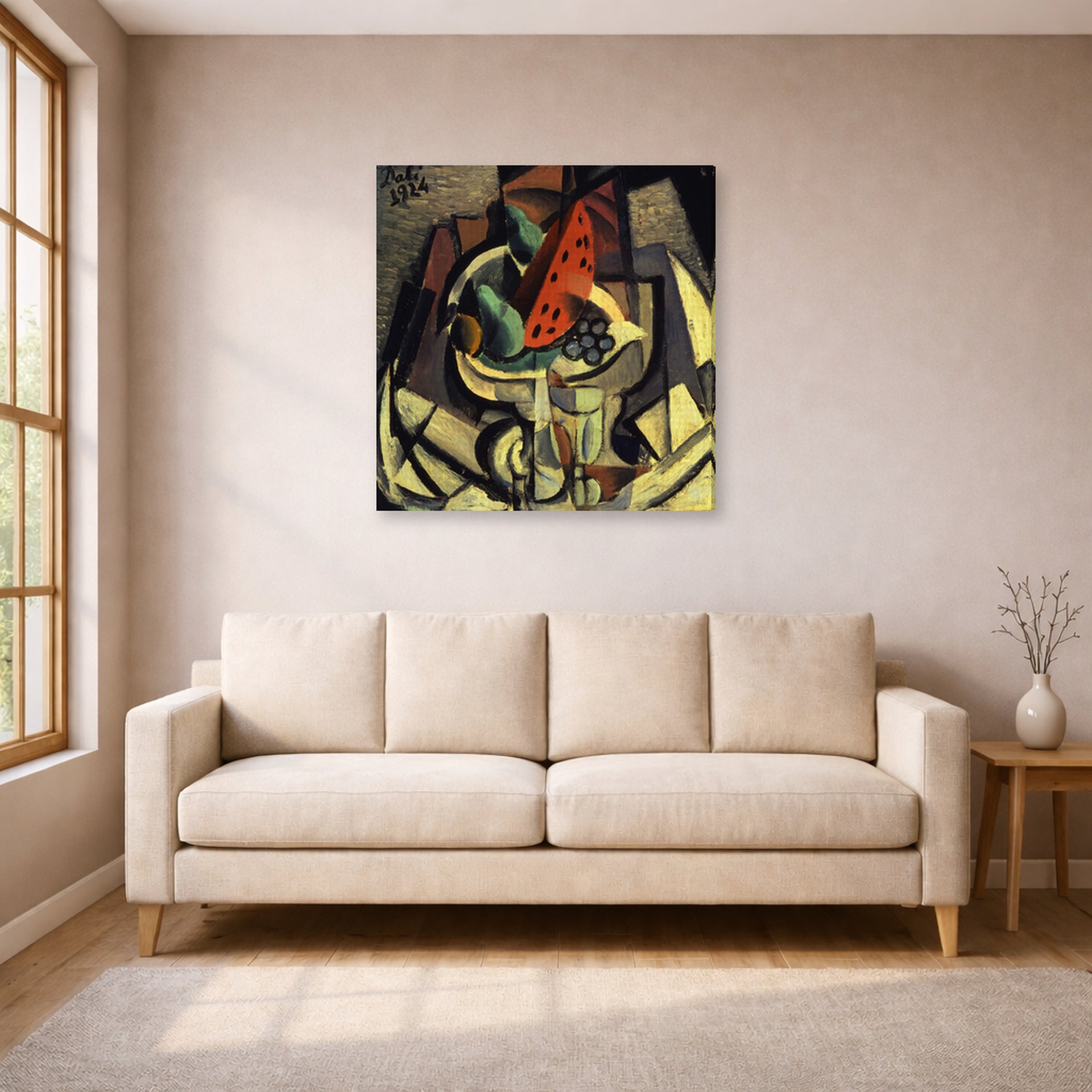 Gallery-wrapped canvas print of Salvador Dali's Still Life displayed on a wall in a living room