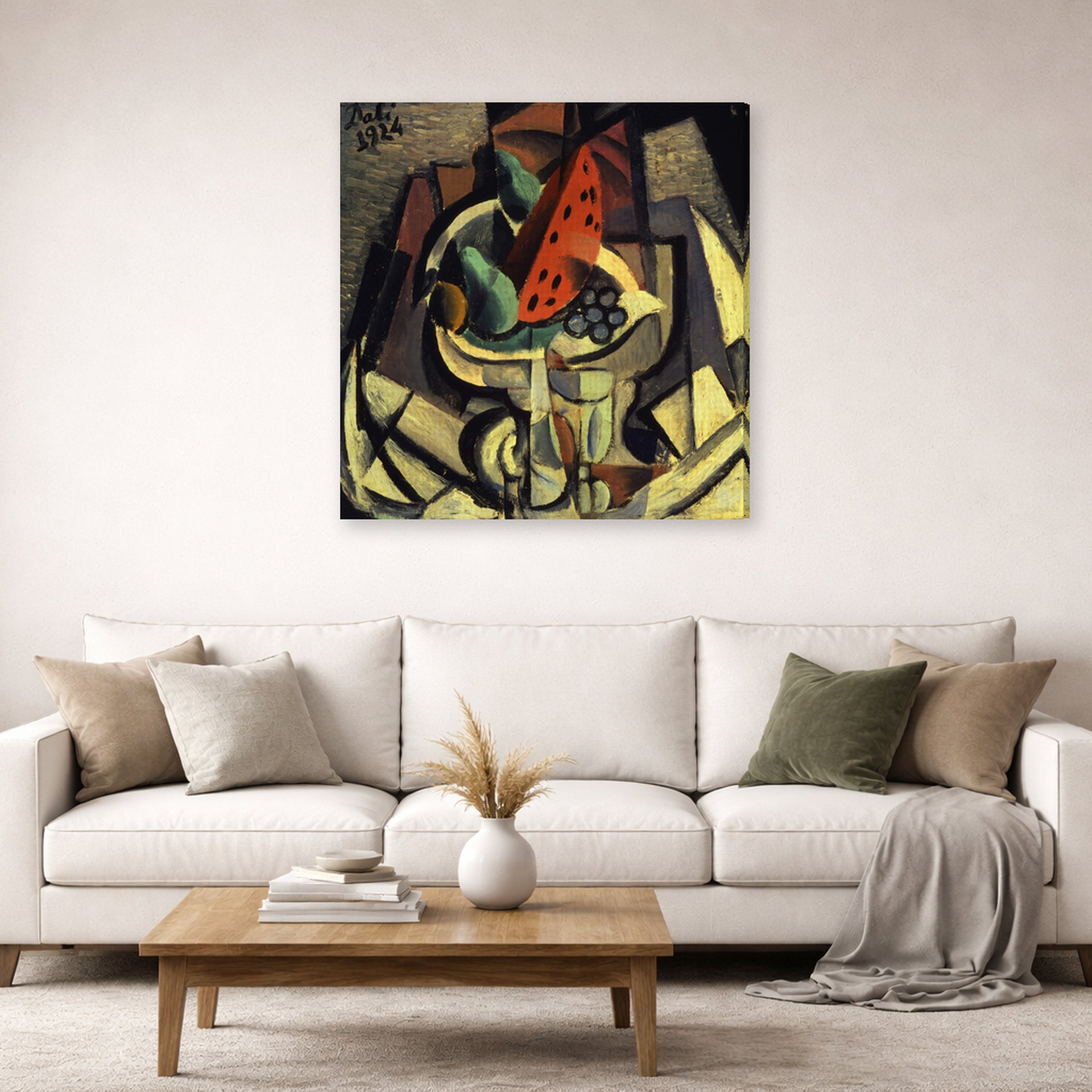 Gallery-wrapped canvas print of Salvador Dali's Still Life displayed on a wall in a living room