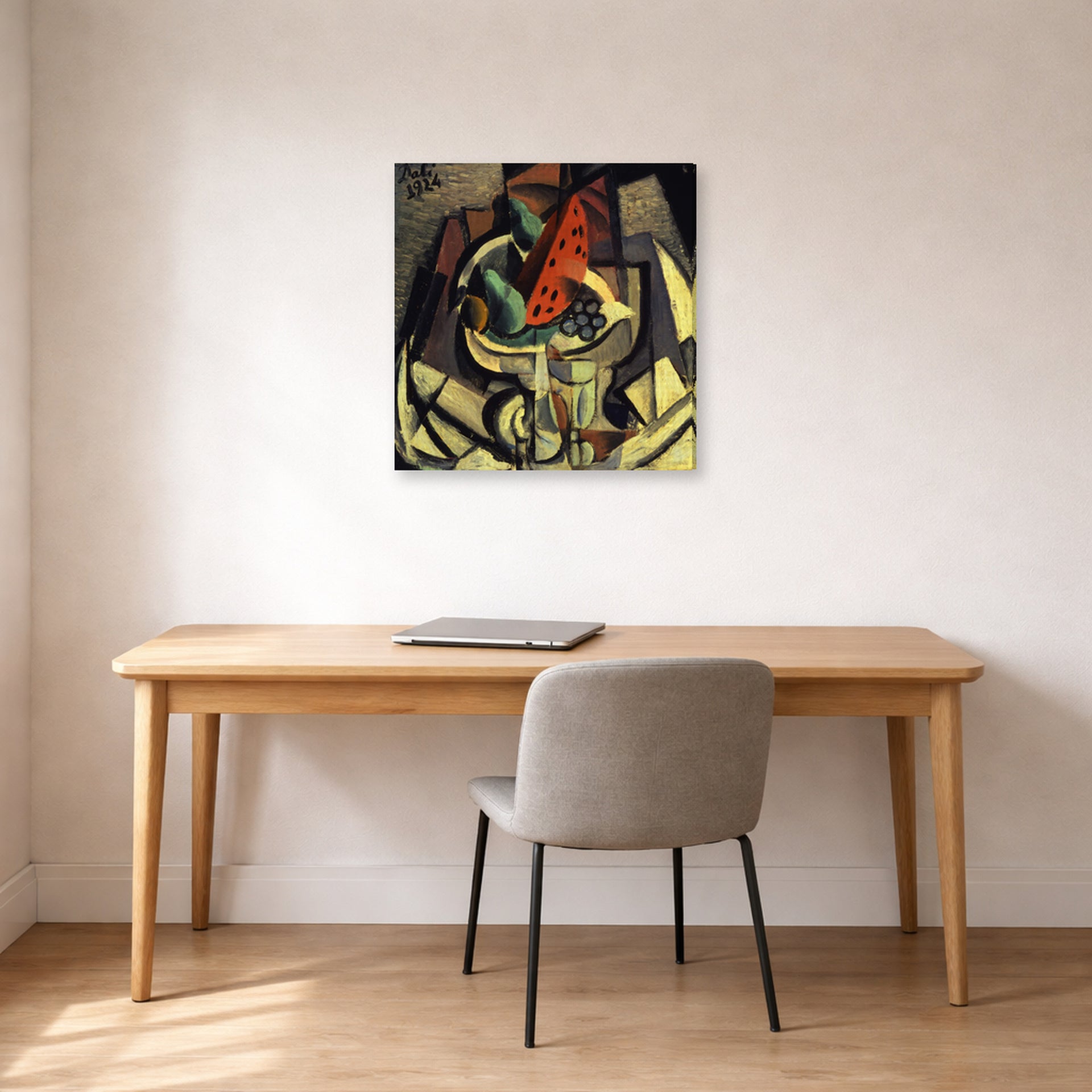 Gallery-wrapped canvas print of Salvador Dali's Still Life displayed on a wall in a office