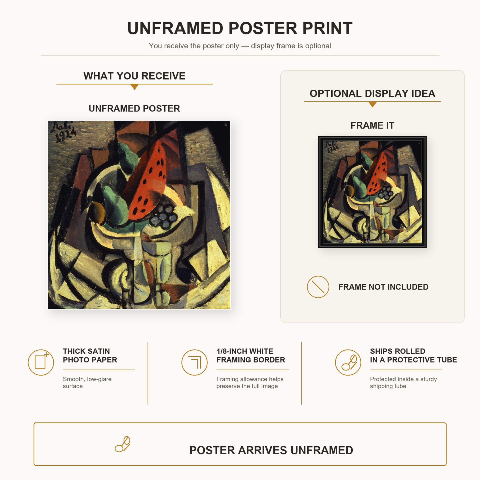 Salvador Dali - Still Life poster print size comparison and framing display infographic