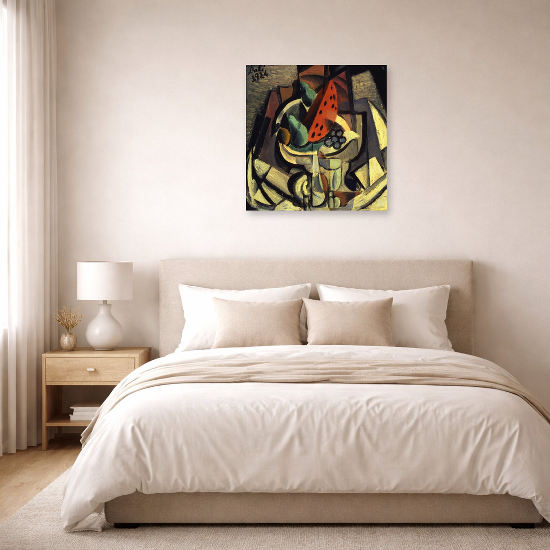Unframed poster print of Salvador Dali's Still Life displayed on a wall in a bedroom