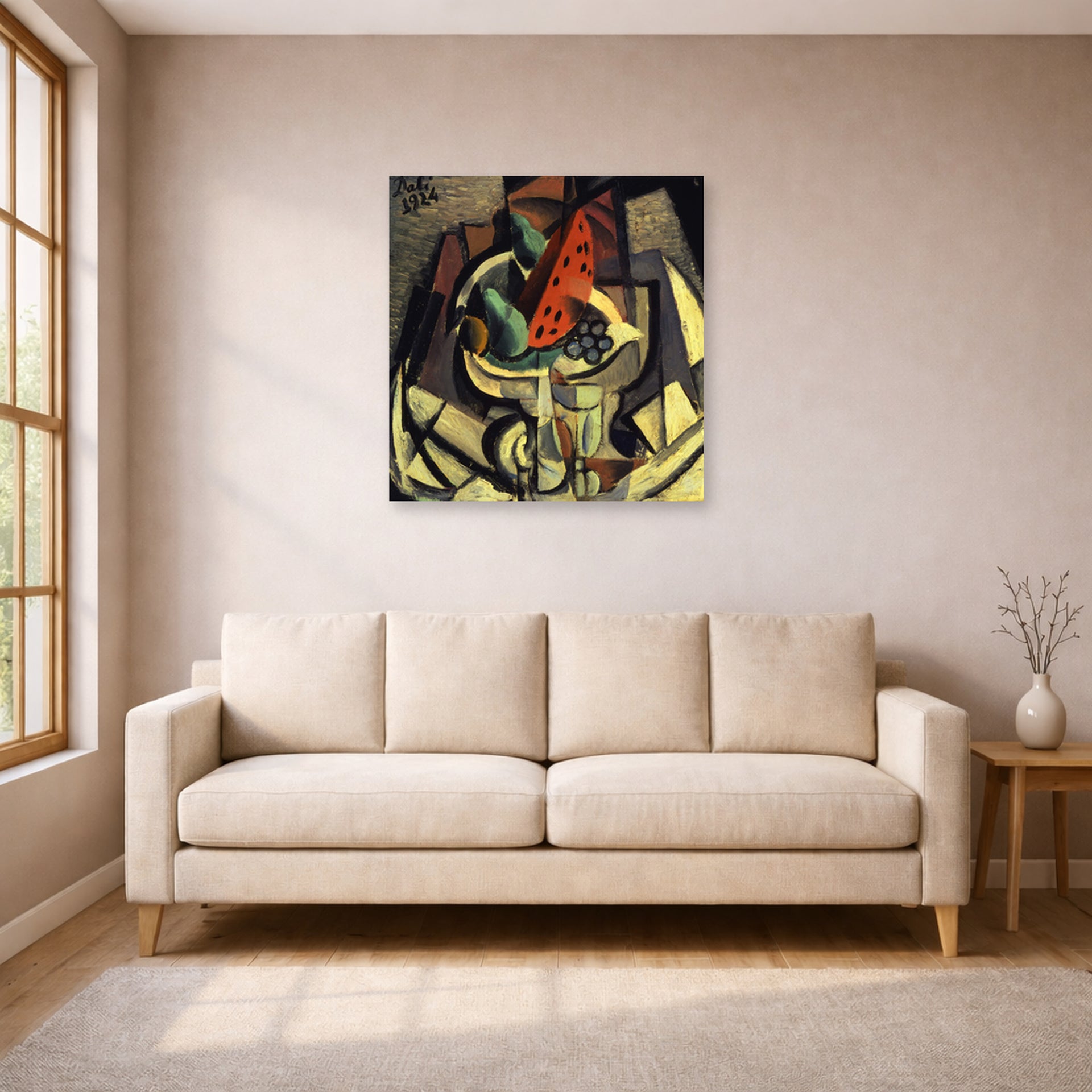 Unframed poster print of Salvador Dali's Still Life displayed on a wall in a living room