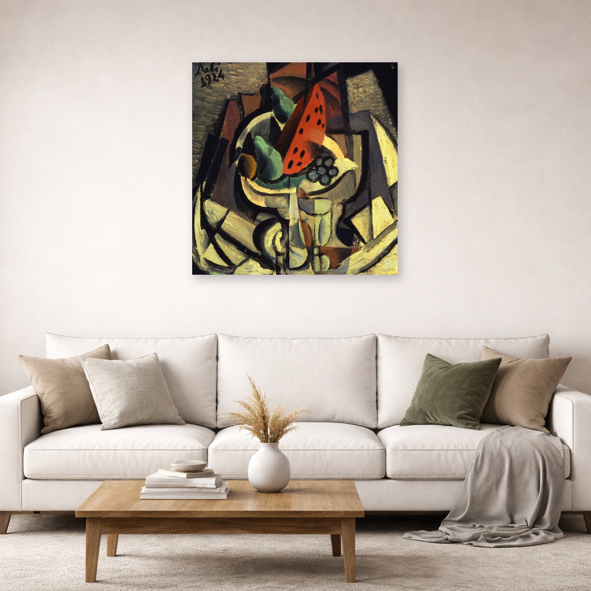 Unframed poster print of Salvador Dali's Still Life displayed on a wall in a living room