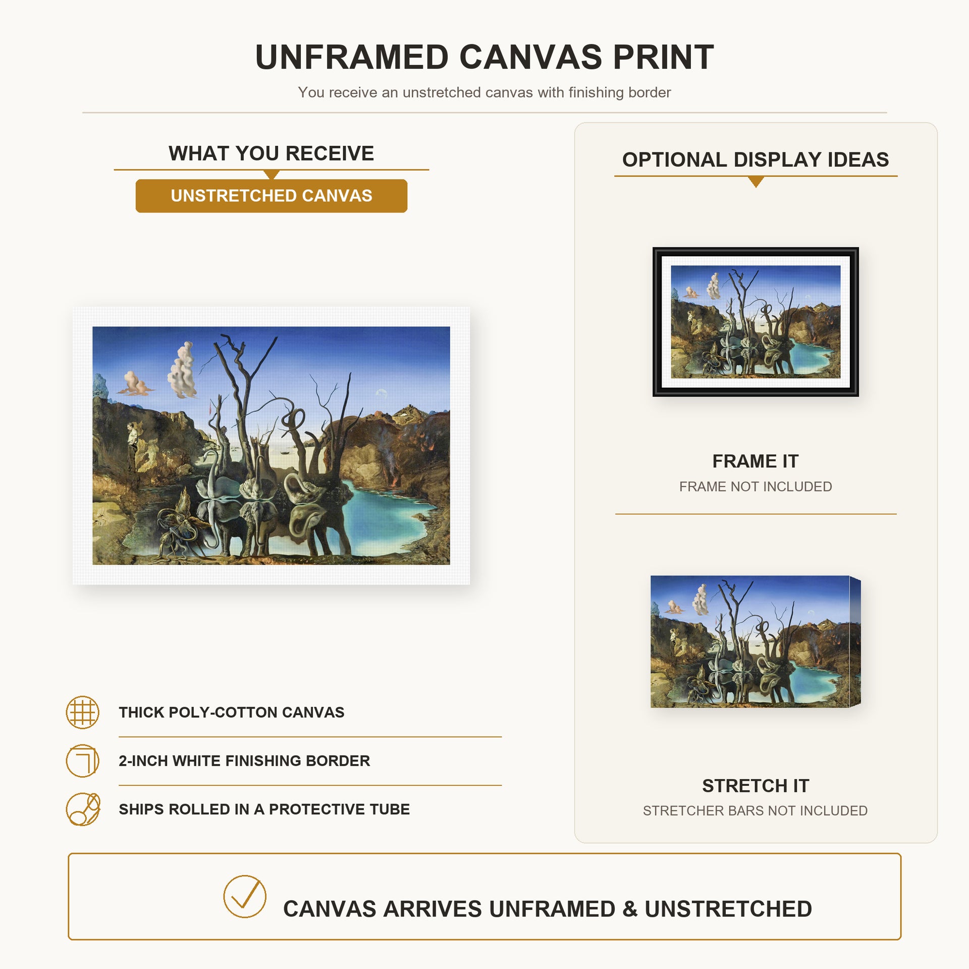 Salvador Dali - Swans Reflecting Elephants canvas print size comparison and framing display infographic
