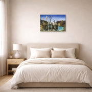 Gallery-wrapped canvas print of Salvador Dali's Swans Reflecting Elephants displayed on a wall in a bedroom