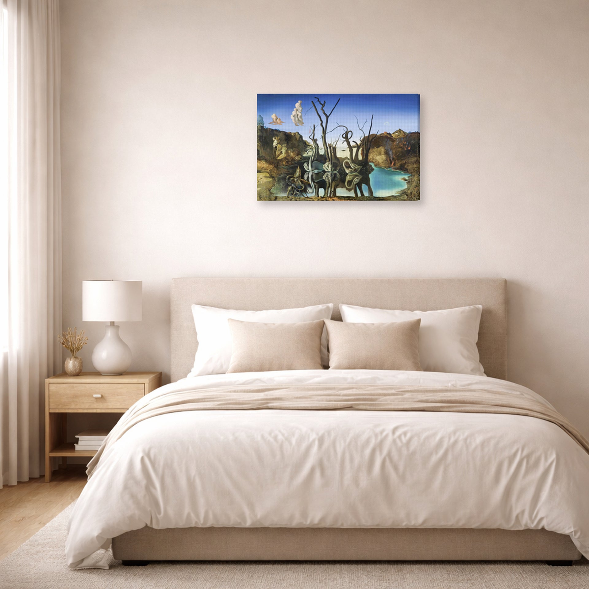 Gallery-wrapped canvas print of Salvador Dali's Swans Reflecting Elephants displayed on a wall in a bedroom