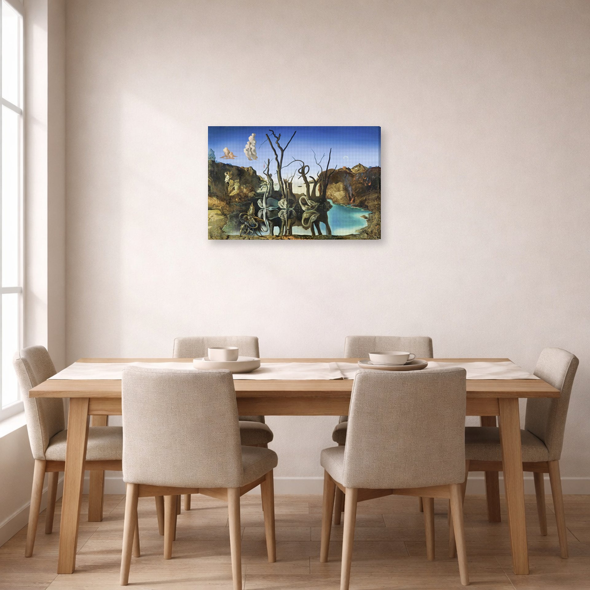 Gallery-wrapped canvas print of Salvador Dali's Swans Reflecting Elephants displayed on a wall in a dining room