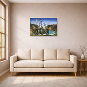 Gallery-wrapped canvas print of Salvador Dali's Swans Reflecting Elephants displayed on a wall in a living room
