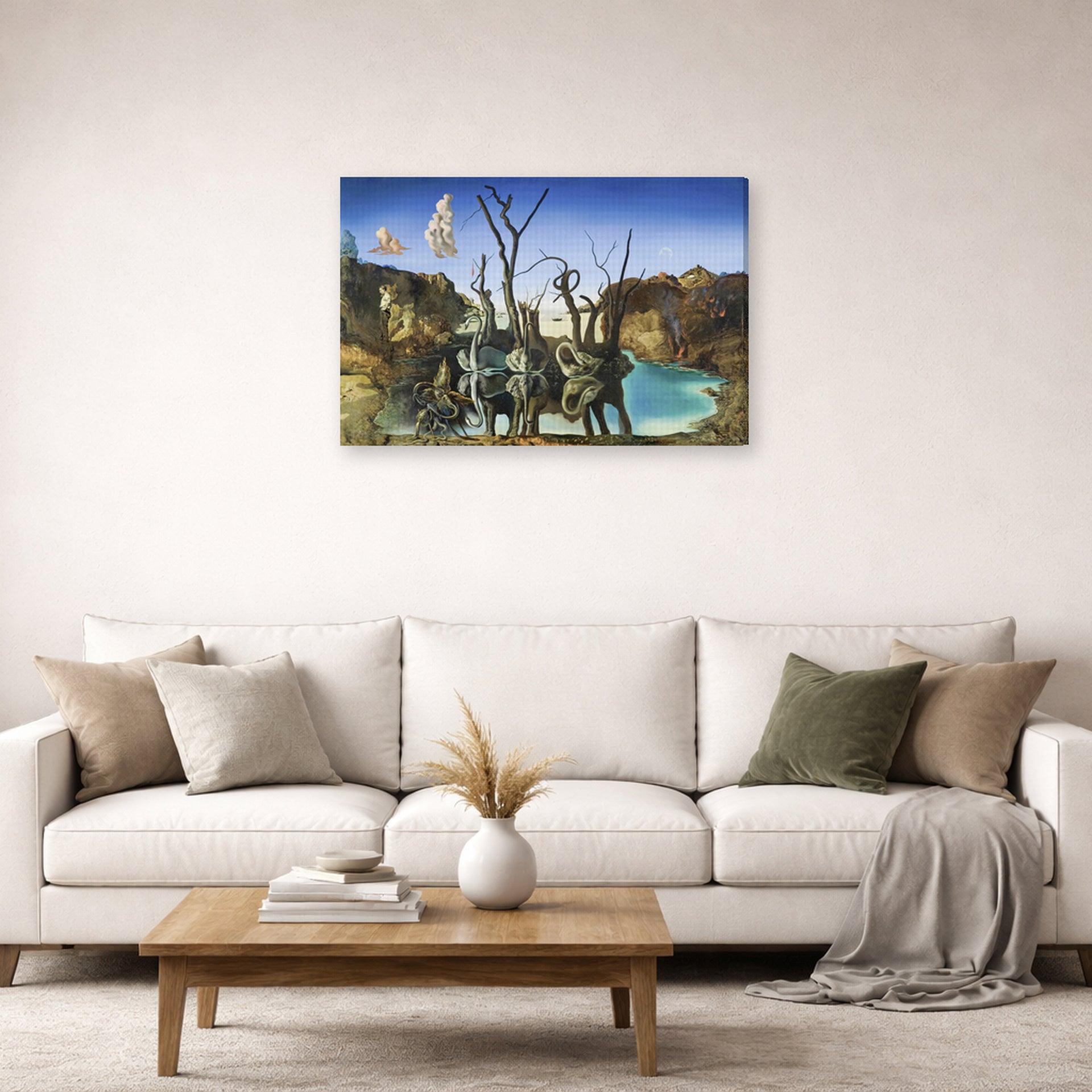 Gallery-wrapped canvas print of Salvador Dali's Swans Reflecting Elephants displayed on a wall in a living room