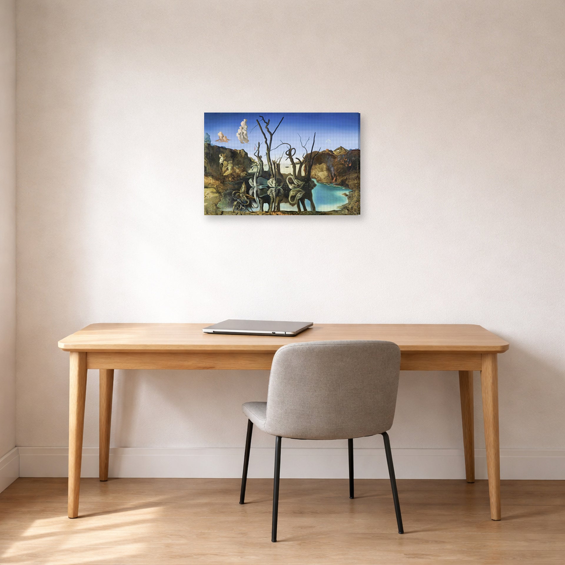Gallery-wrapped canvas print of Salvador Dali's Swans Reflecting Elephants displayed on a wall in a office