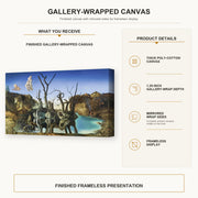 Salvador Dali - Swans Reflecting Elephants gallery wrap canvas construction and hanging details infographic