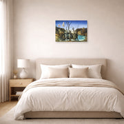 Unframed poster print of Salvador Dali's Swans Reflecting Elephants displayed on a wall in a bedroom