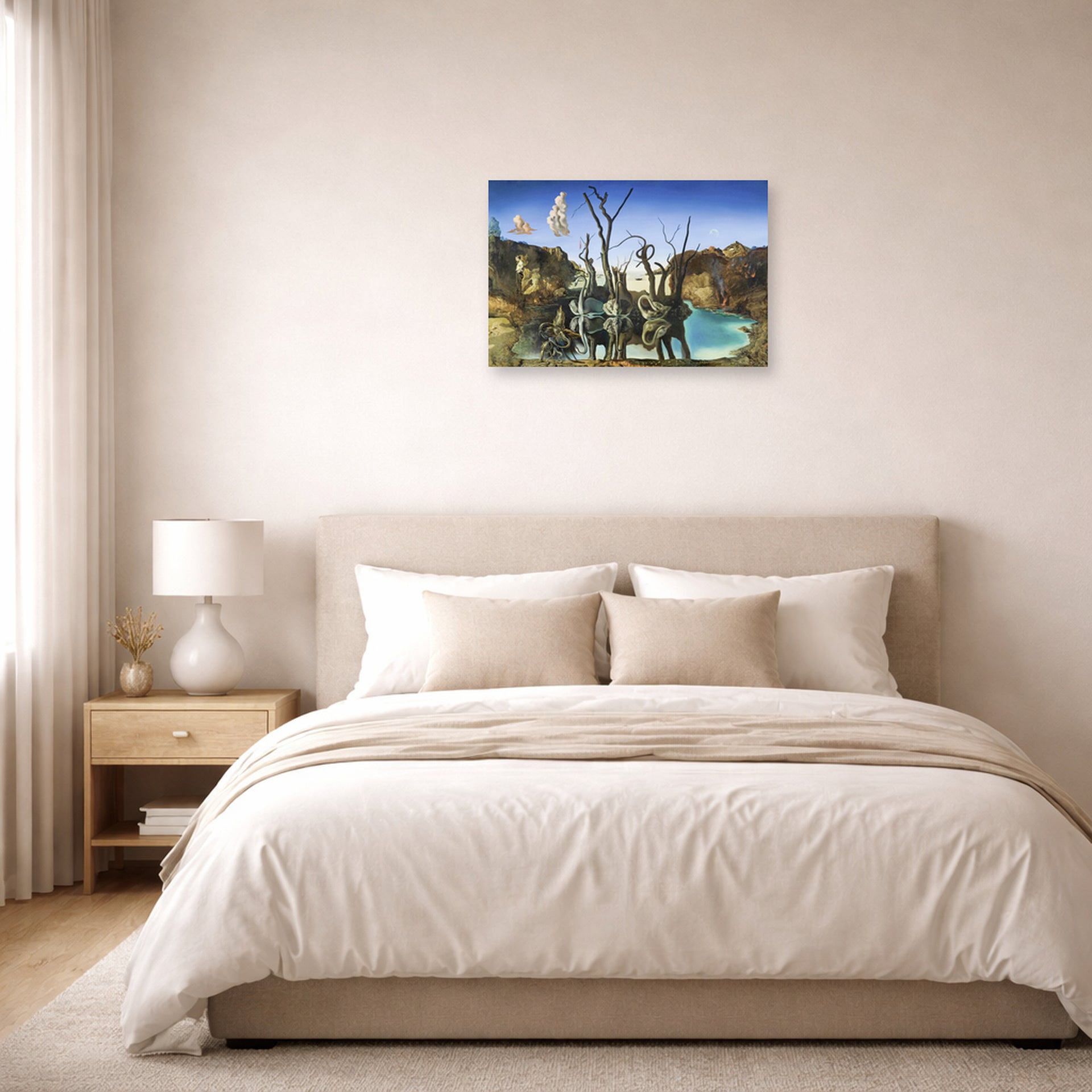 Unframed poster print of Salvador Dali's Swans Reflecting Elephants displayed on a wall in a bedroom
