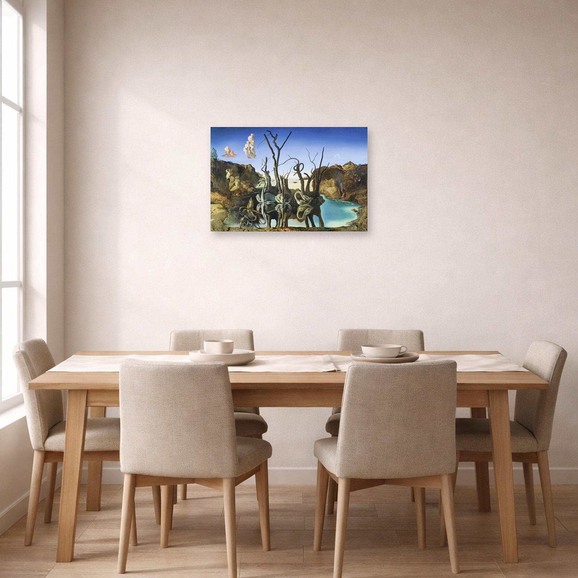 Unframed poster print of Salvador Dali's Swans Reflecting Elephants displayed on a wall in a dining room