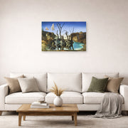 Unframed poster print of Salvador Dali's Swans Reflecting Elephants displayed on a wall in a living room