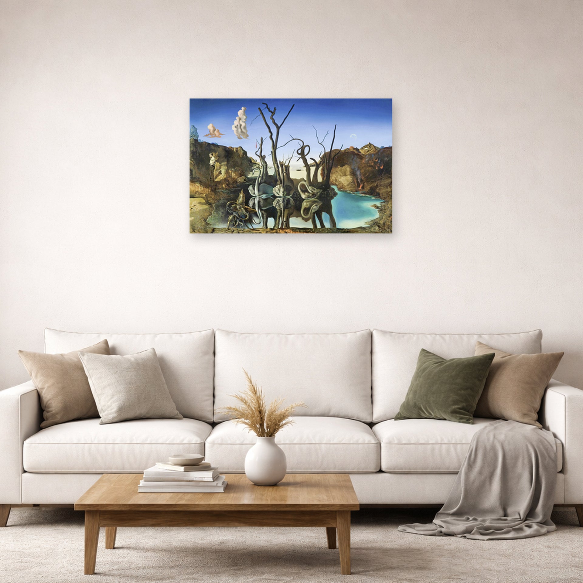 Unframed poster print of Salvador Dali's Swans Reflecting Elephants displayed on a wall in a living room