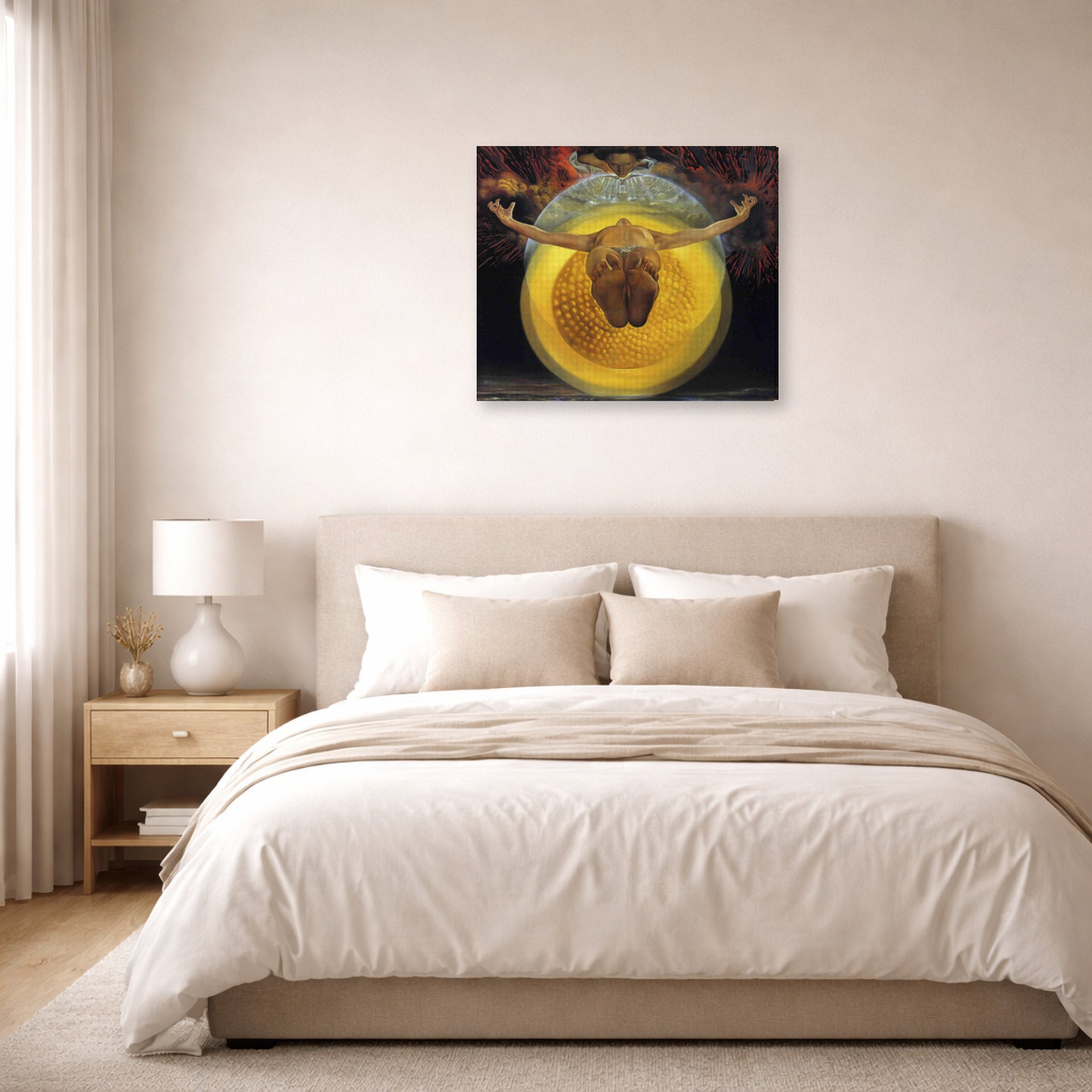 Gallery-wrapped canvas print of Salvador Dali's Ascension of Christ displayed on a wall in a bedroom