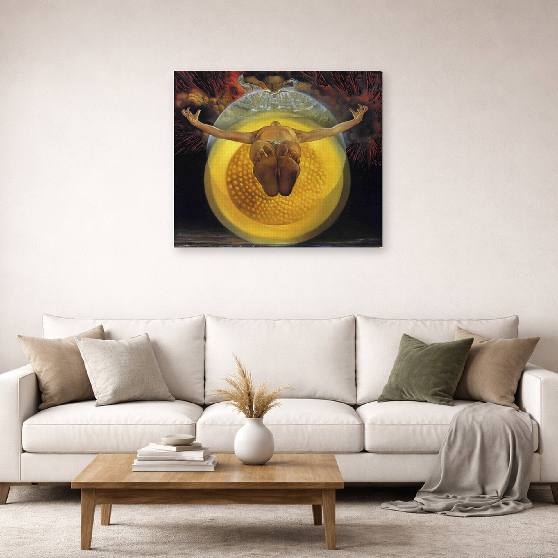 Gallery-wrapped canvas print of Salvador Dali's Ascension of Christ displayed on a wall in a living room