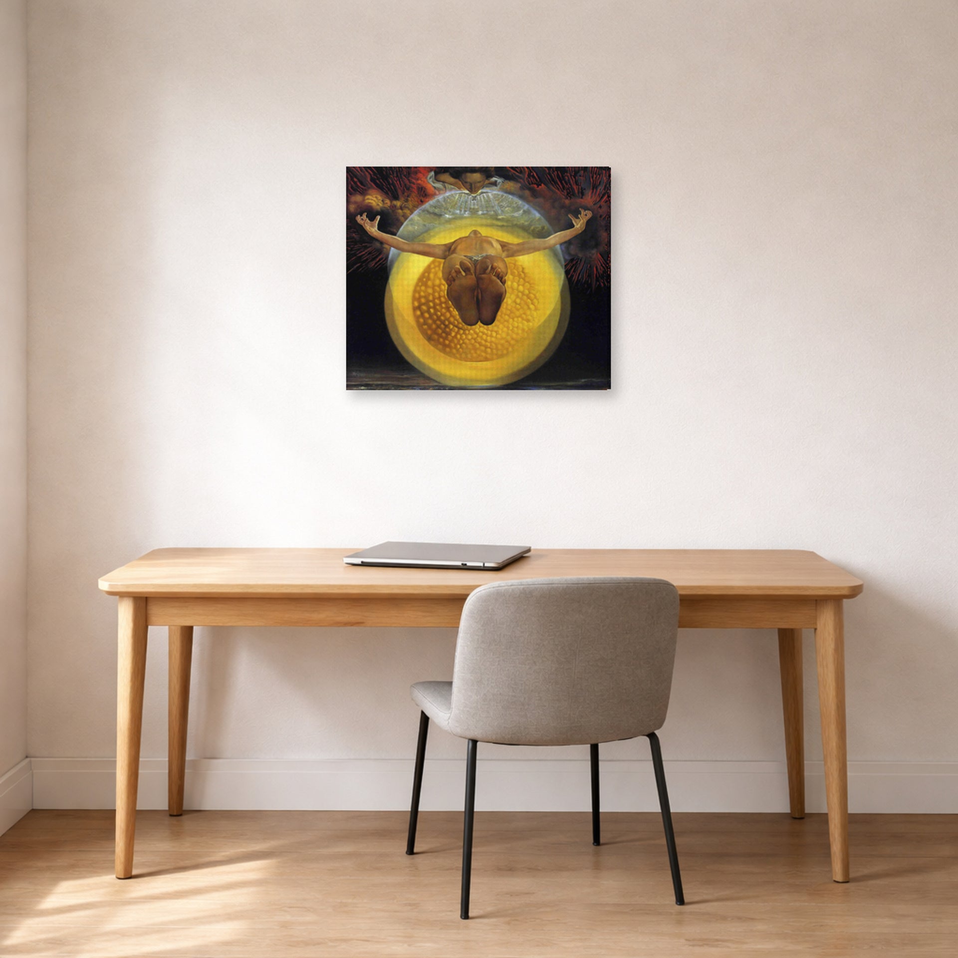 Gallery-wrapped canvas print of Salvador Dali's Ascension of Christ displayed on a wall in a office