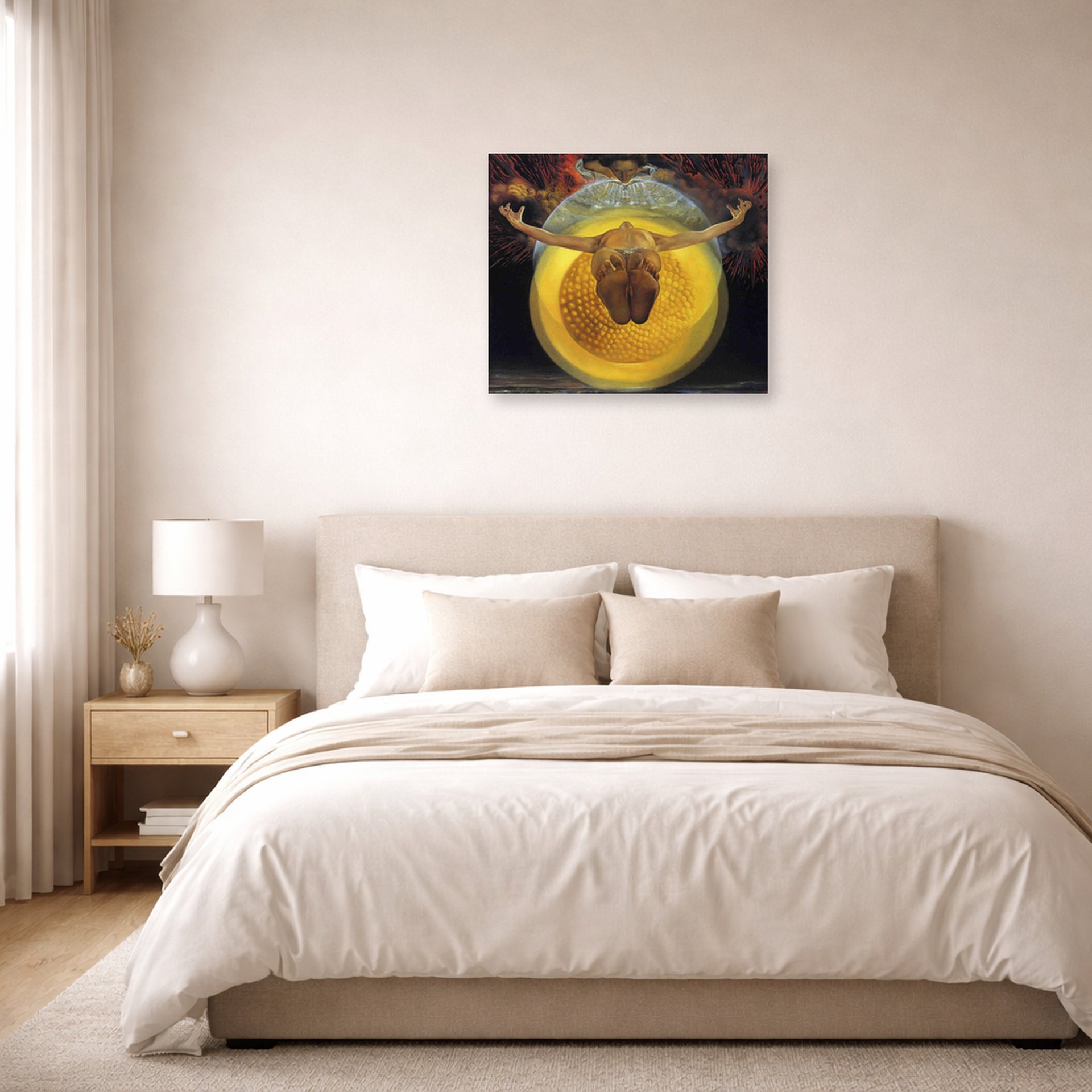 Unframed poster print of Salvador Dali's Ascension of Christ displayed on a wall in a bedroom