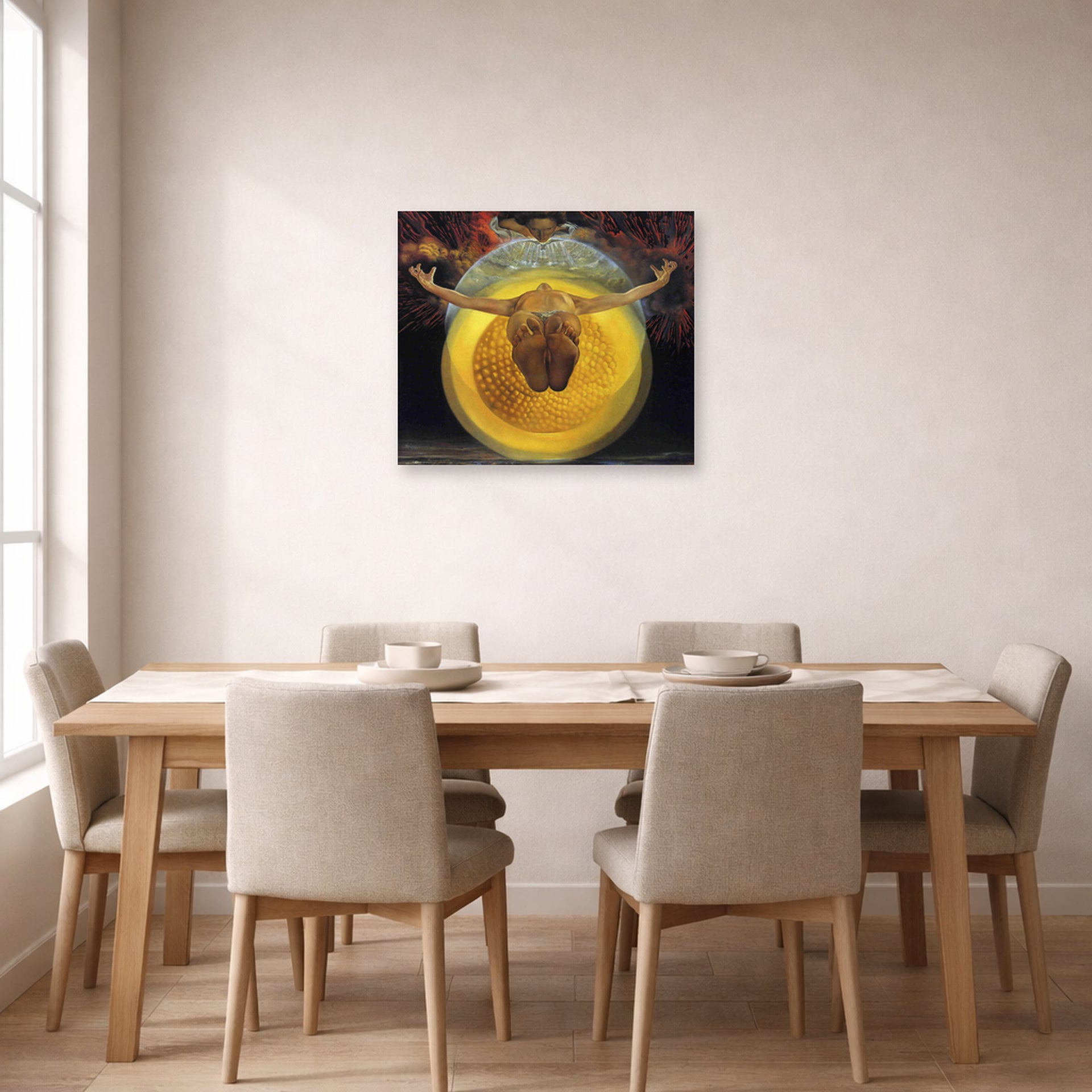 Unframed poster print of Salvador Dali's Ascension of Christ displayed on a wall in a dining room