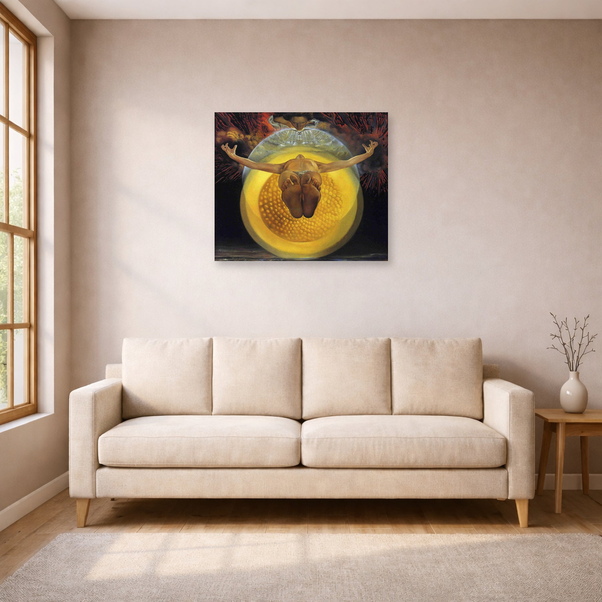 Unframed poster print of Salvador Dali's Ascension of Christ displayed on a wall in a living room