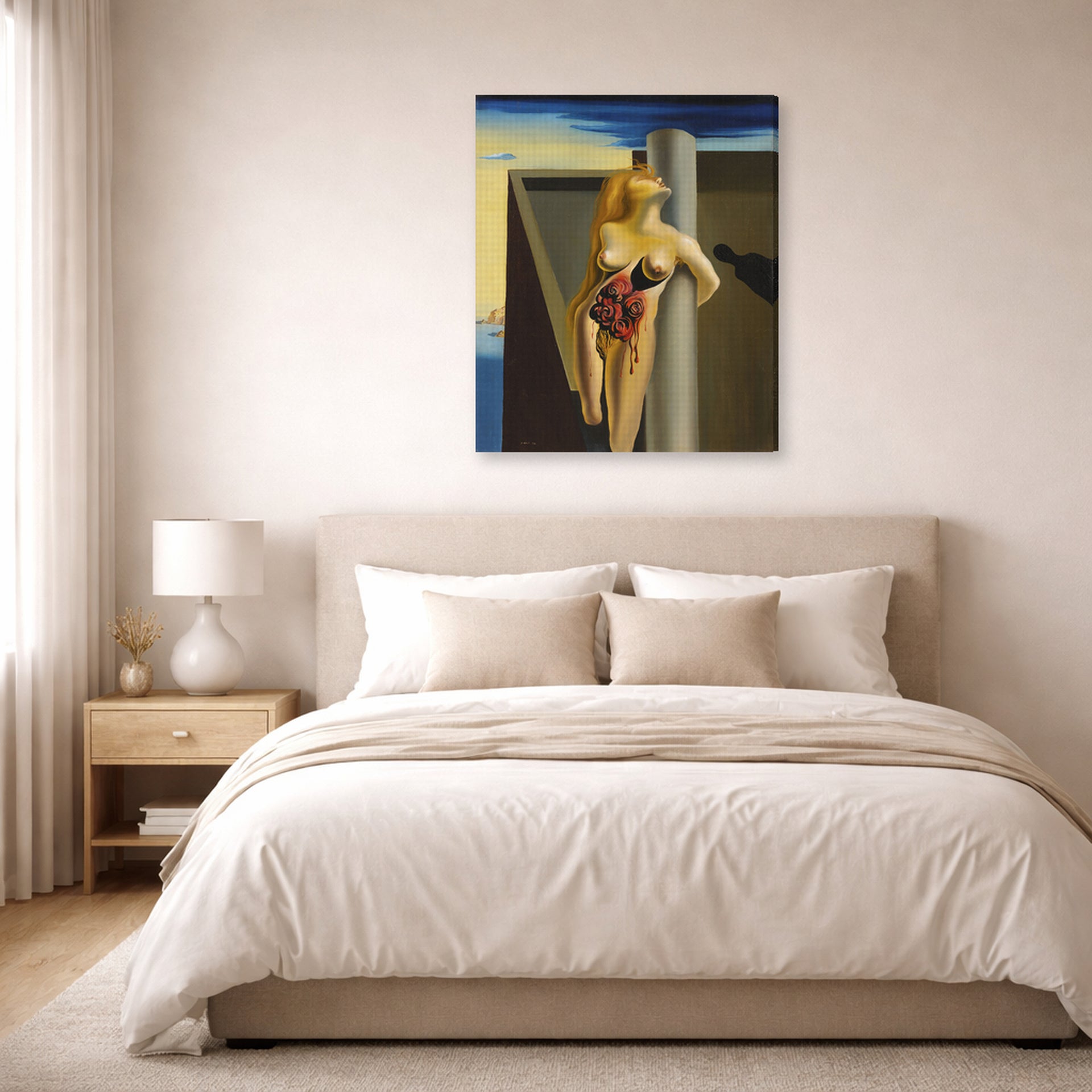 Gallery-wrapped canvas print of Salvador Dali's Bleeding Roses displayed on a wall in a bedroom