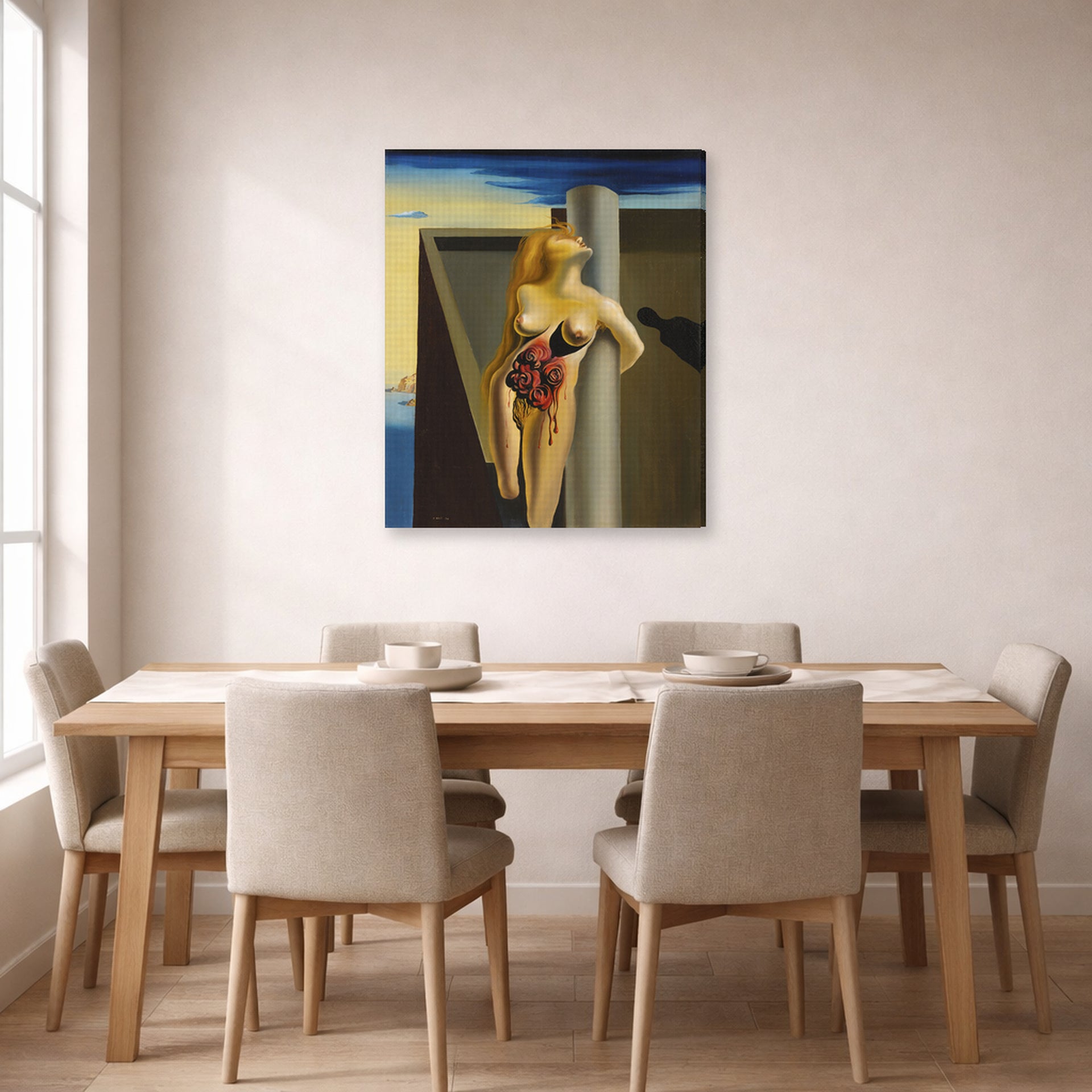 Gallery-wrapped canvas print of Salvador Dali's Bleeding Roses displayed on a wall in a dining room